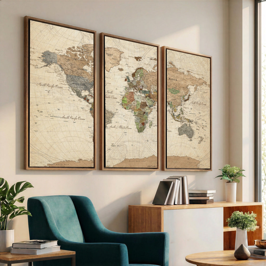 Framed World Map Wall Art for Home and Office Decor