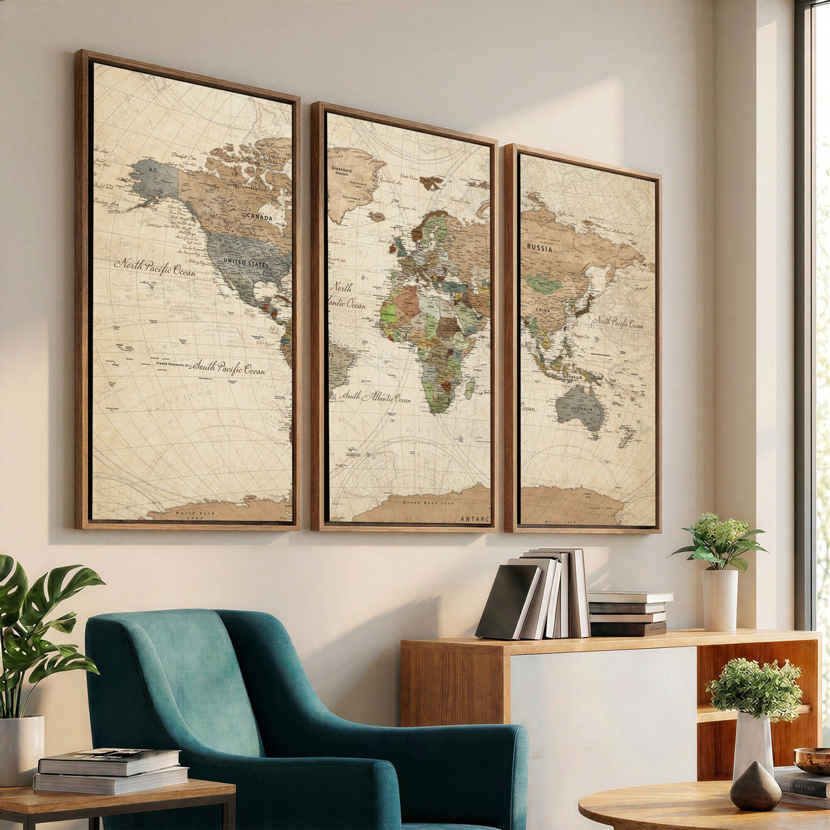Framed World Map Wall Art for Home and Office Decor