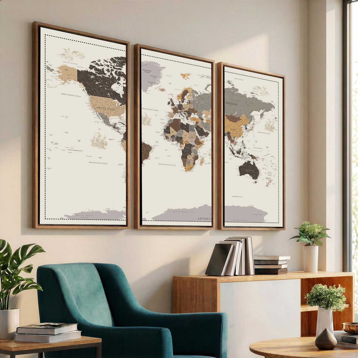 Custom Beige Modern Push Pin World Map Canvas Print, Places Visited Tracker, Bedroom and Study Decor