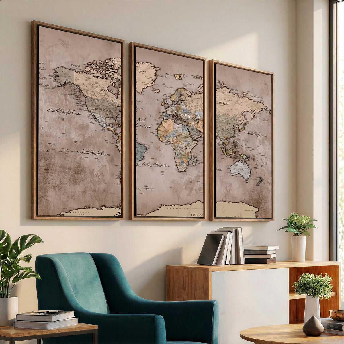 Grunge World Map Canvas Wall Art - Vintage Aged World Map with Golden Tones