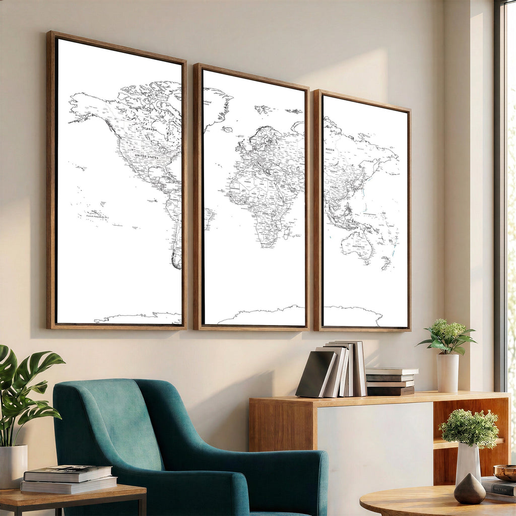World Map Canvas Print, Framed Modern Detailed Map of the World for Home or Office