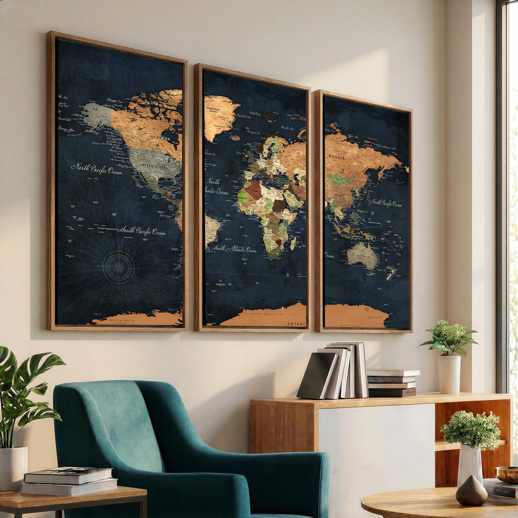 Vintage World Map Canvas Wall Art | Detailed Map with Countries, Oceans and Continents