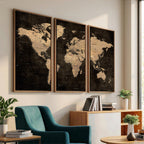 Brown World Map Canvas Print | Modern Travel Map Wall Art