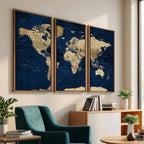 Navy Blue World Map Canvas Print | Detailed Minimal Navy Map Artwork