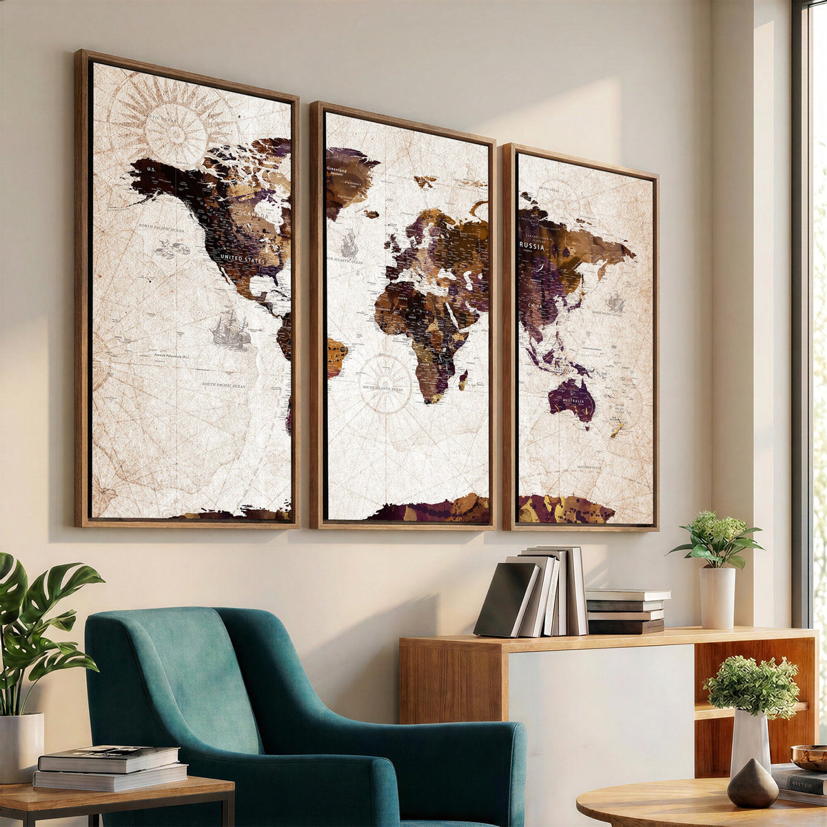 Blue Watercolor World Map Canvas Print | Framed Modern Wall Art