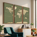 Vintage World Map Canvas Wall Art Print, Classic Global Map Artwork