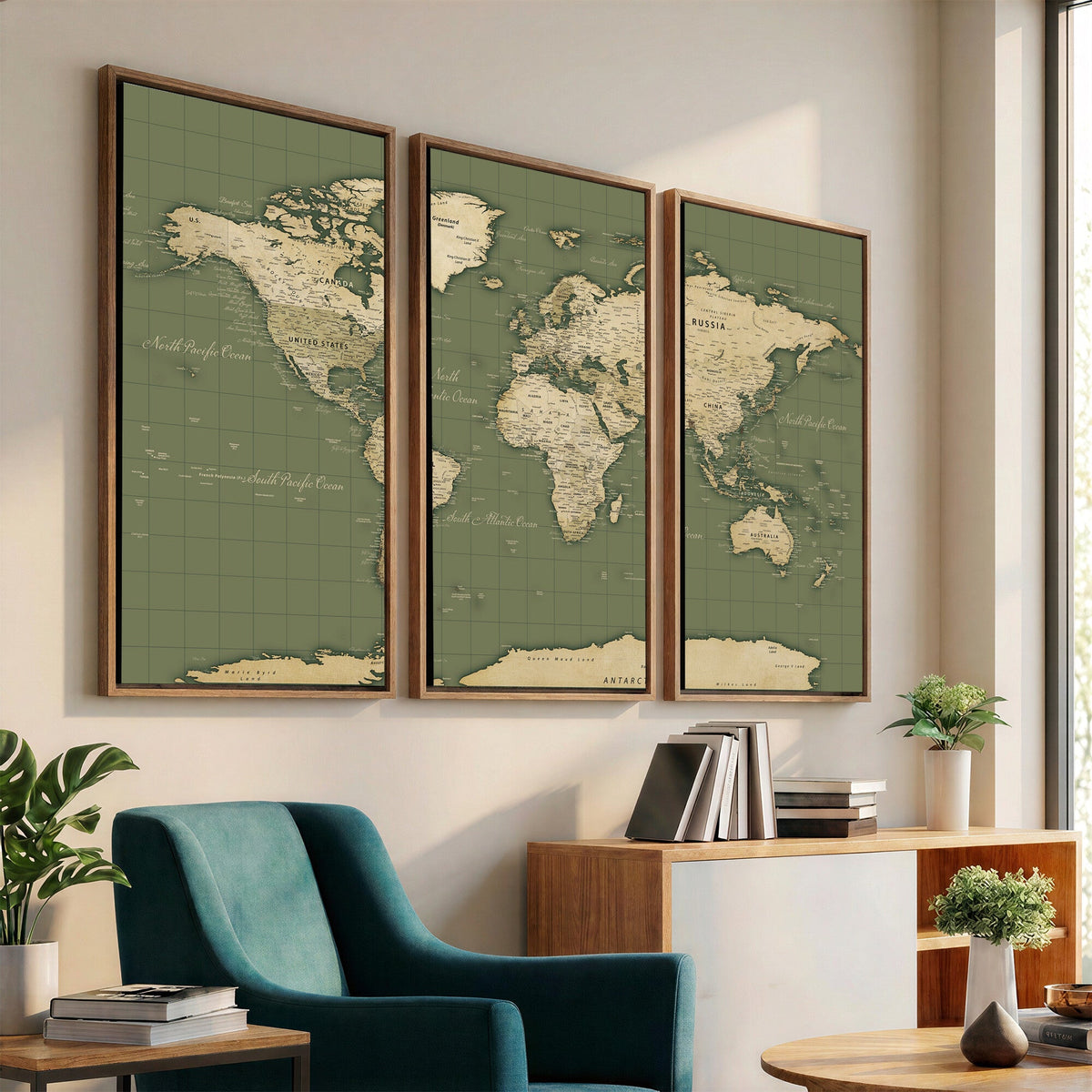 Vintage World Map Canvas Wall Art Print, Classic Global Map Artwork