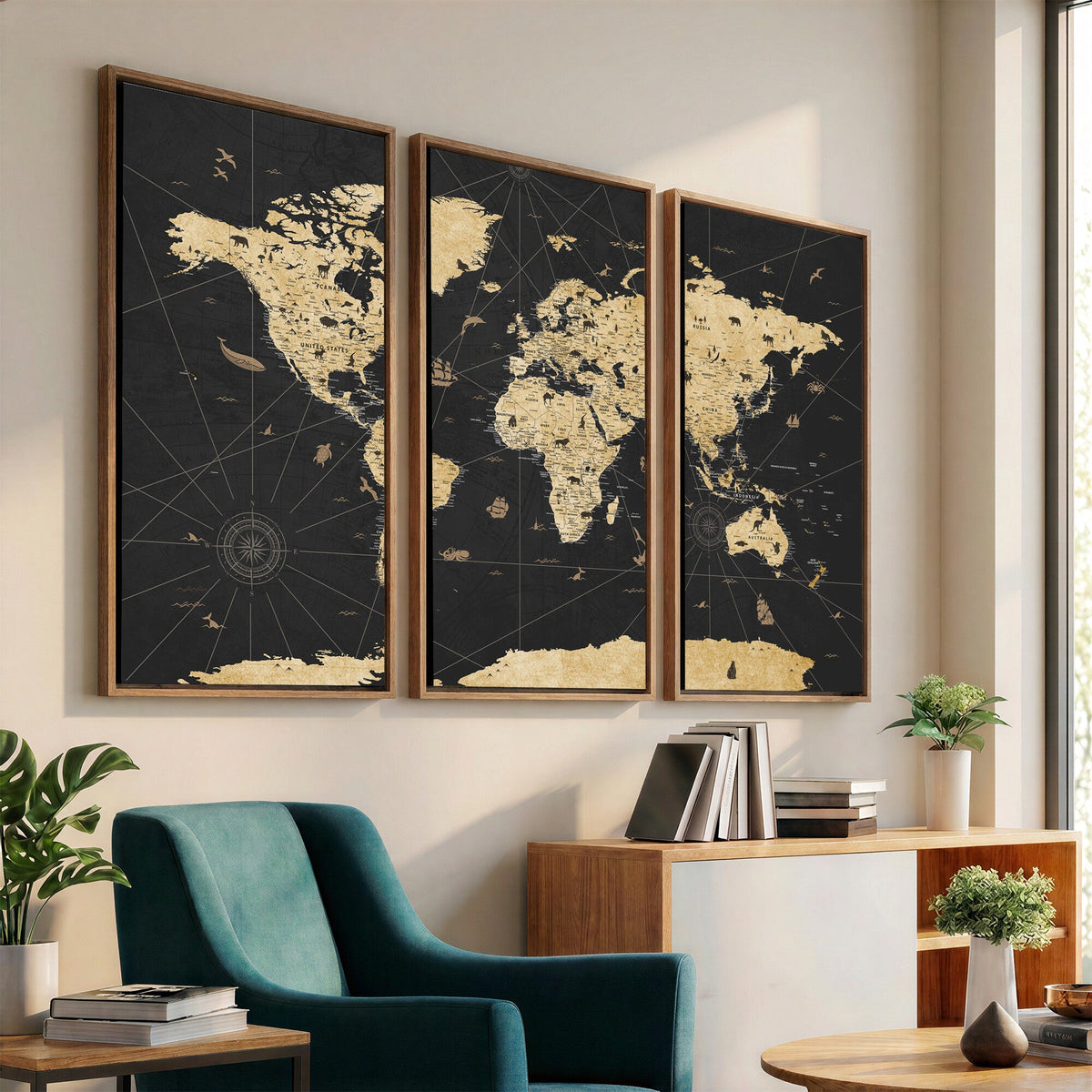 Vintage Blue and Brown World Map Canvas Wall Art | Framed Rustic Map Print