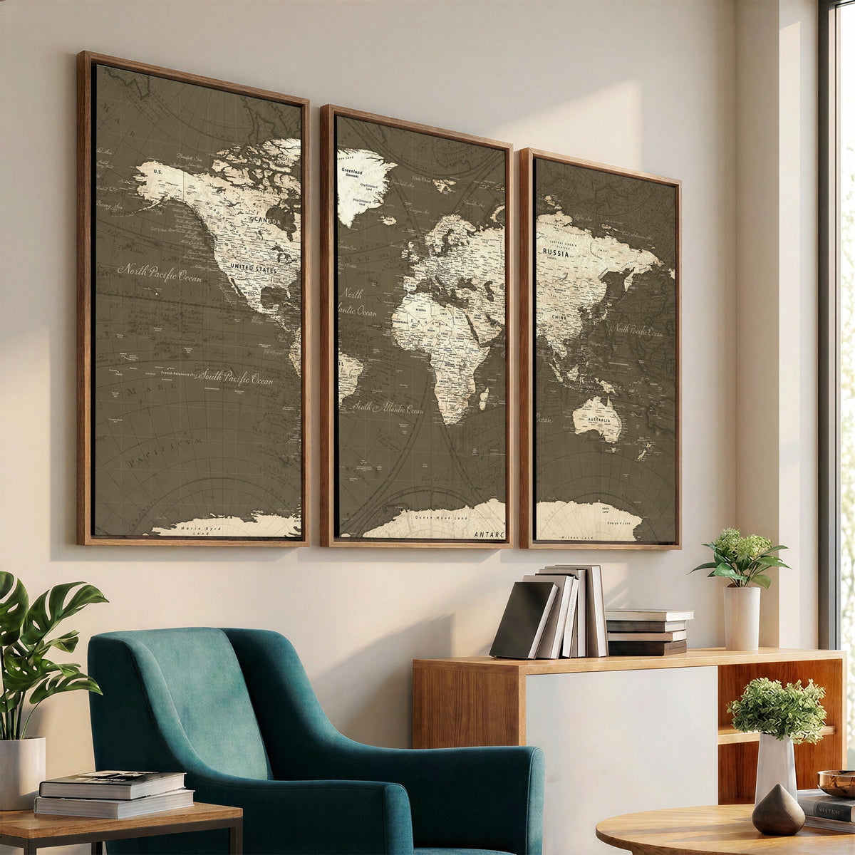 Vintage World Map Canvas Print | Framed Travel Map Wall Art for Couples