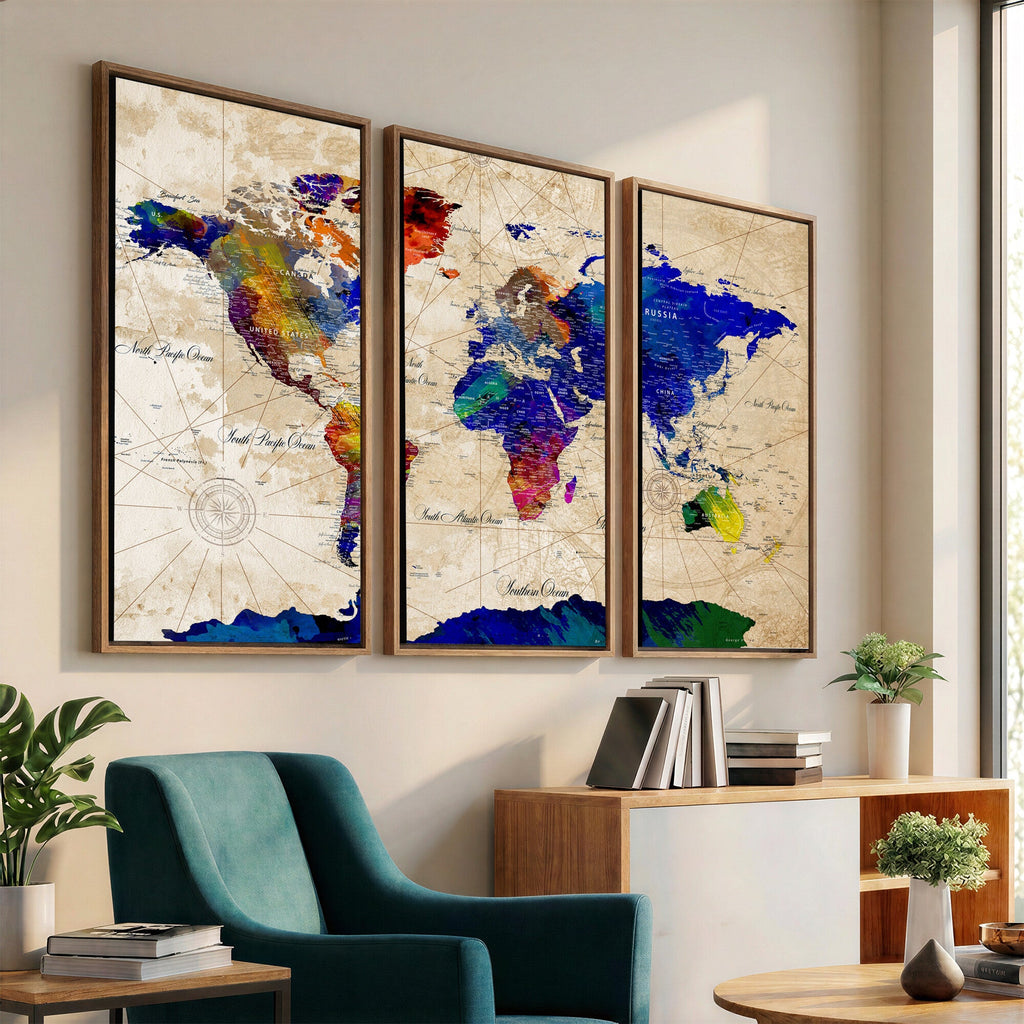 Watercolor World Map Canvas Print | Framed Wall Art for Couples