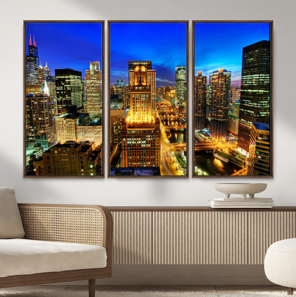 Chicago Wall Art Canvas Print - Chicago City Downtown Night Cityscape