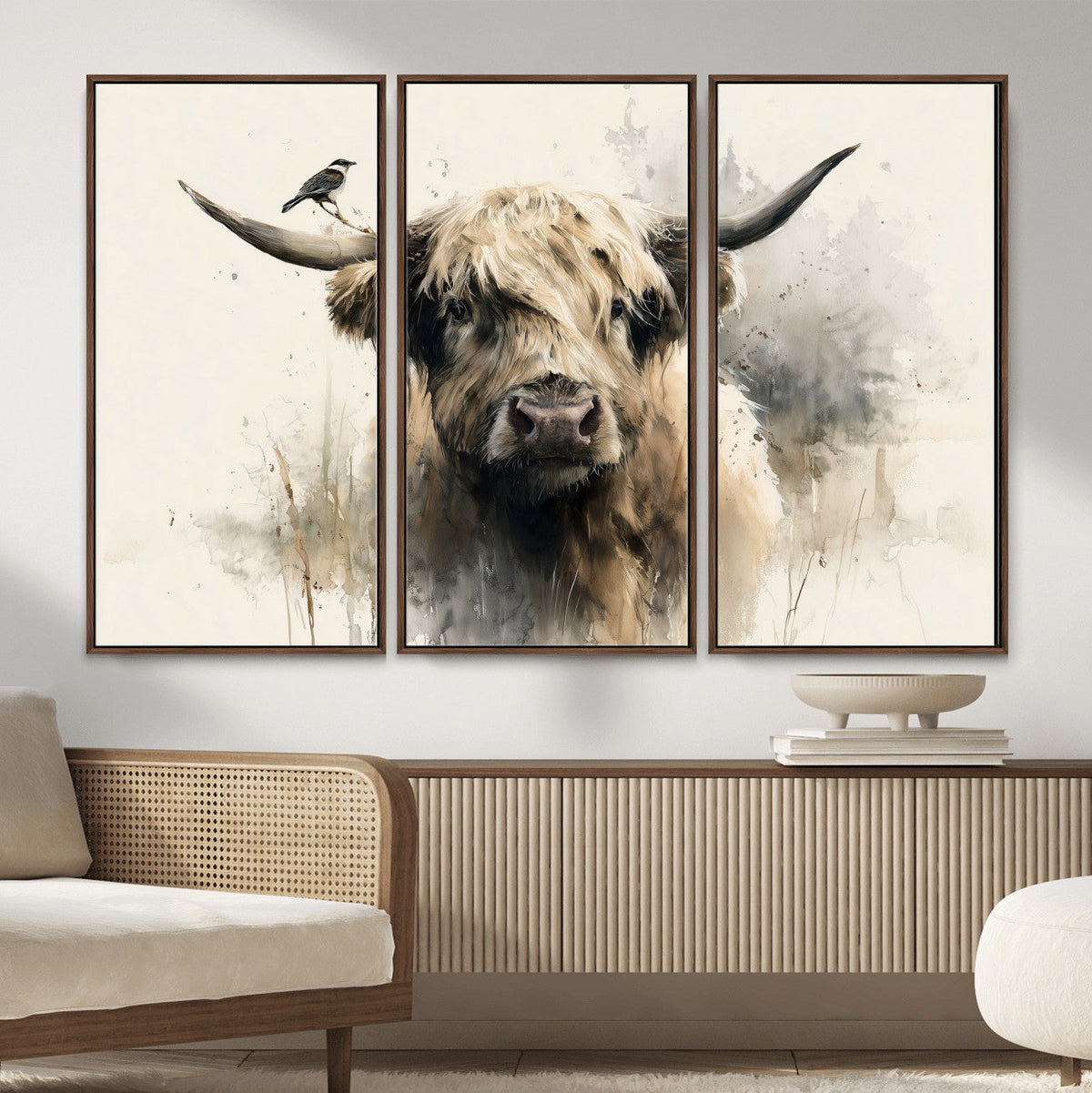 Abstract Highland Cow Wall Art Canvas Print, Rustic Farm Cattle Portrait