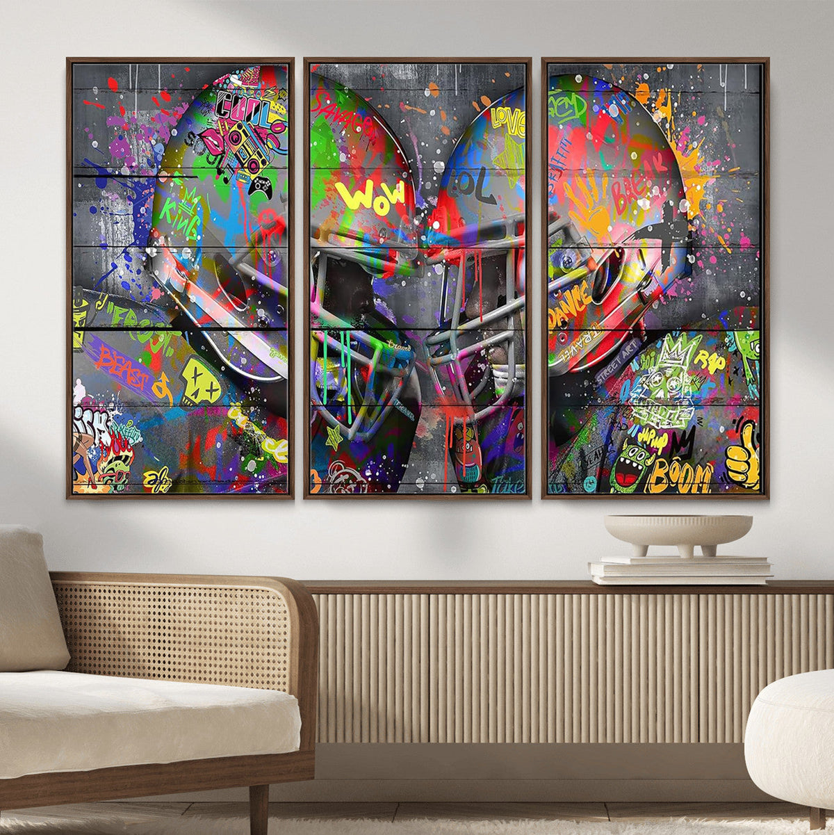 Graffiti Football Helmets Wall Art Canvas Print, Urban Street Art