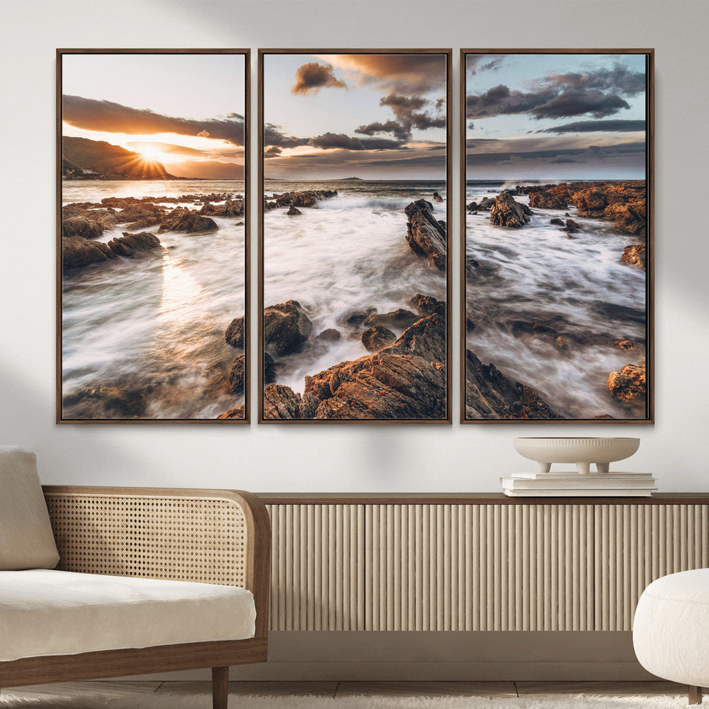 Rocky Coast Ocean Sunset Wall Art Canvas Print, Dramatic Seascape Nature Decor
