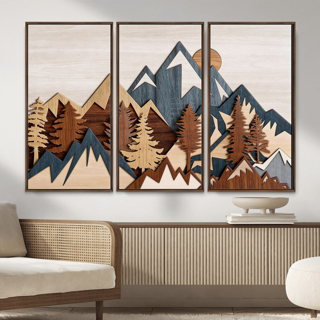 Layered Wooden Mountain Wall Art Canvas Print, Modern Rustic Forest and Pine Landscape