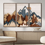 Layered Wooden Mountain Wall Art Canvas Print, Modern Rustic Forest and Pine Landscape