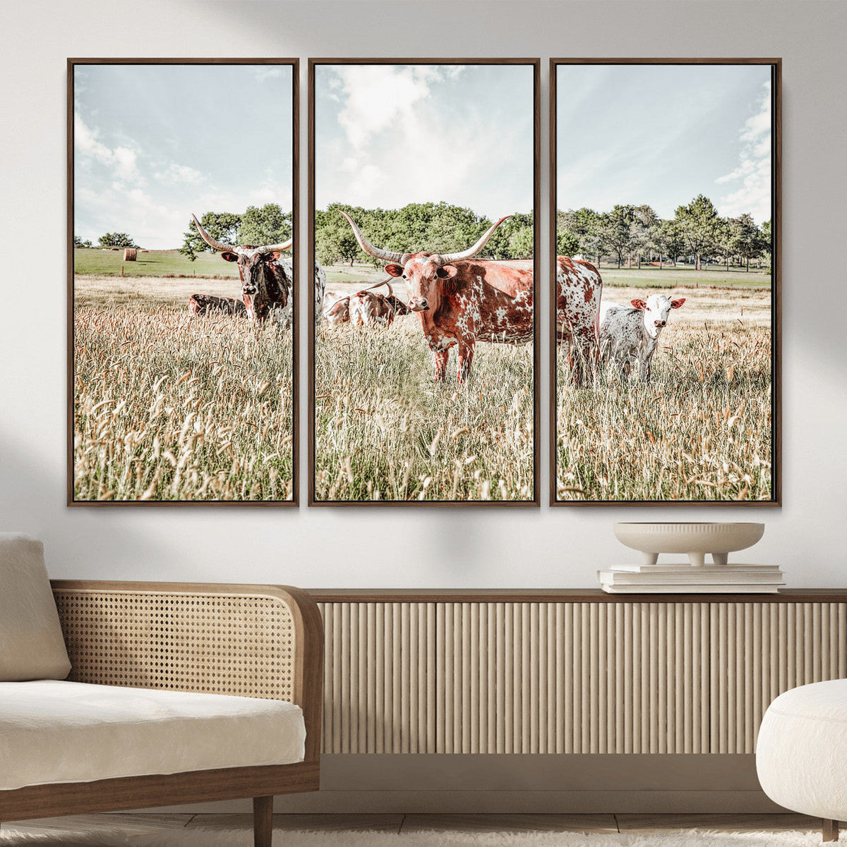 Texas Longhorn Cattle Wall Art Canvas Print, Western Ranch Landscape Decor