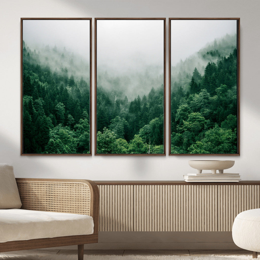 Misty Pine Forest Wall Art Canvas Print, Foggy Evergreen Landscape