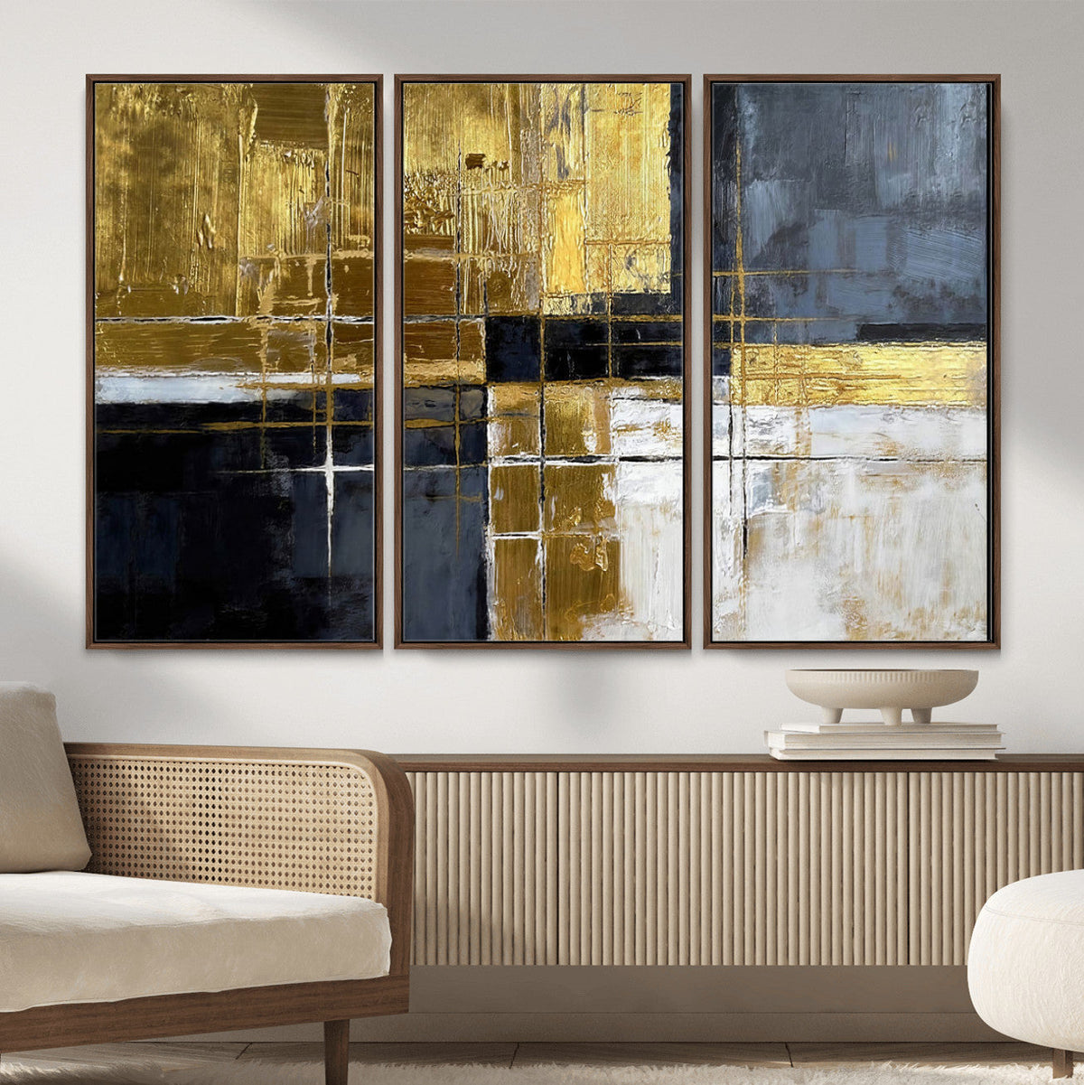 Gold Navy Abstract Wall Art Canvas Print, Modern Luxury Geometric Art for Living Room and Office