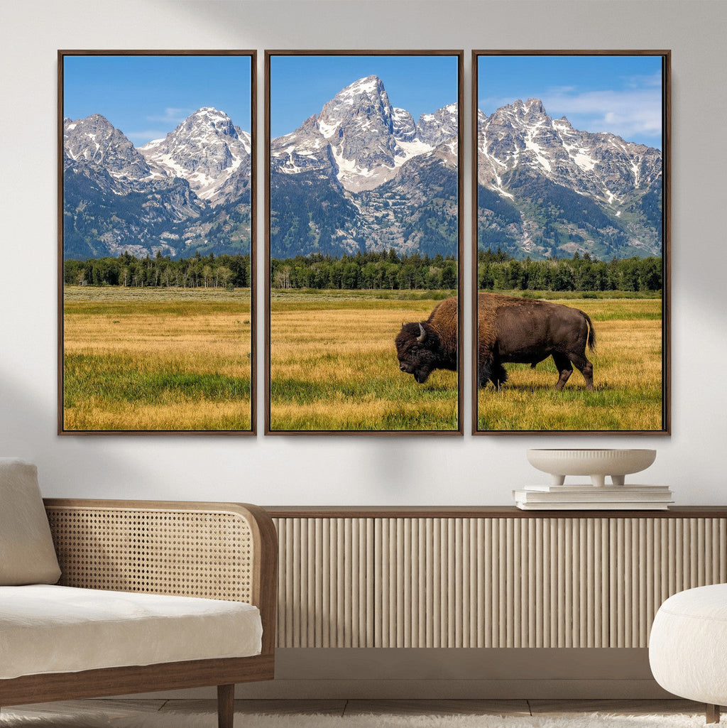 Bison in Mountain Landscape Wall Art Canvas Print, Western Decor