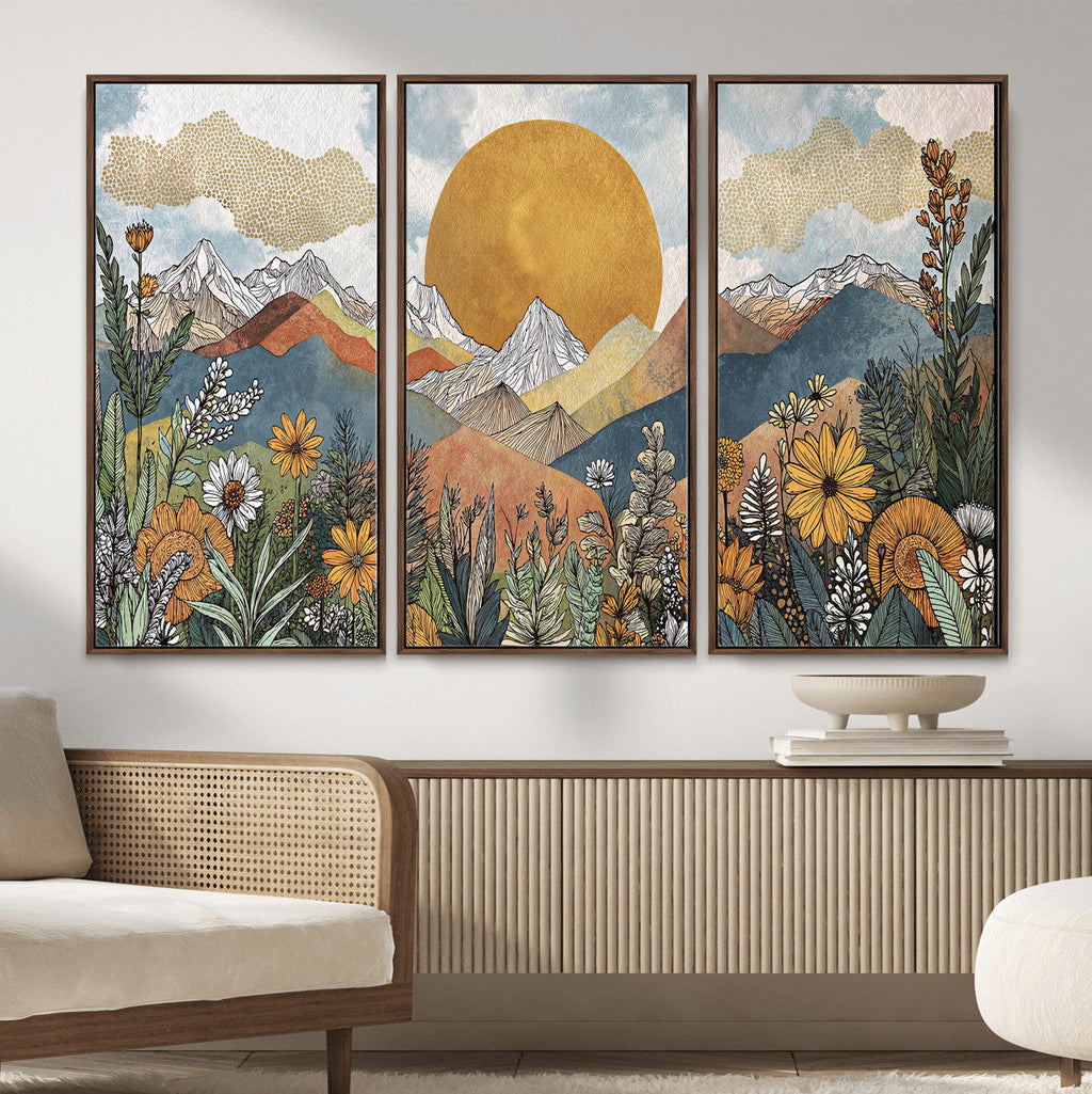 Boho Mountain Landscape Large Wall Art, Horizontal Gold Sun and Flowers Print