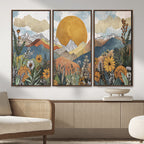 Boho Mountain Landscape Large Wall Art, Horizontal Gold Sun and Flowers Print