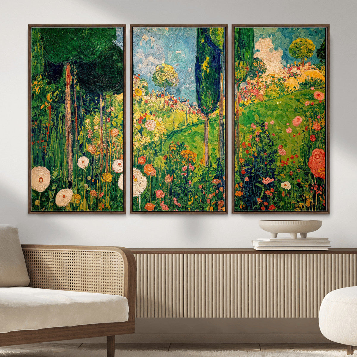 Gustav Klimt Boho Mountain Landscape Large Wall Art, Gold Sun and Flowers Print