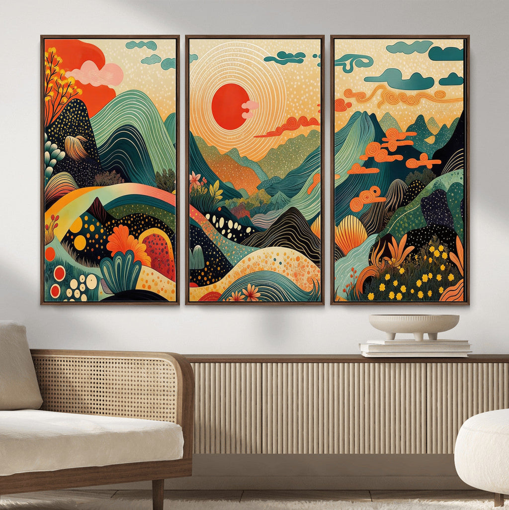Yayoi Kusama Boho Mountain Landscape Large Wall Art, Gold Sun and Flowers Print