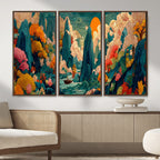 Colorful Japanese Landscape Print: Maximalist Panoramic Wall Art