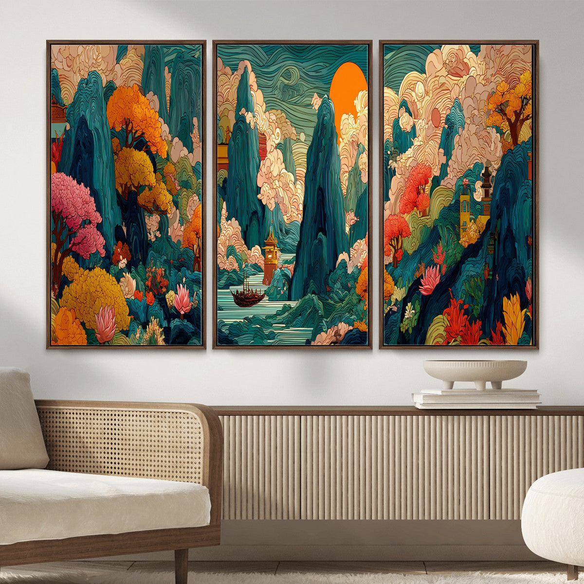 Colorful Japanese Landscape Print: Maximalist Panoramic Wall Art