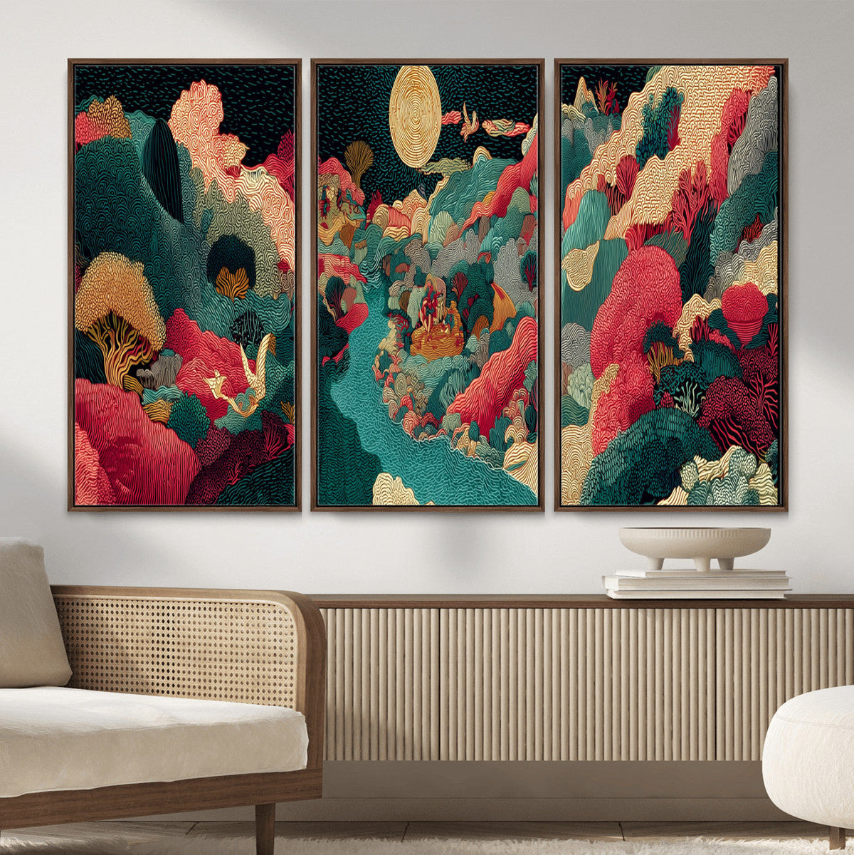 Colorful Japanese Landscape Print: Maximalist Panoramic Wall Art