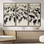Longhorn Cattle Canvas Wall Art, Black White Stampede Ink