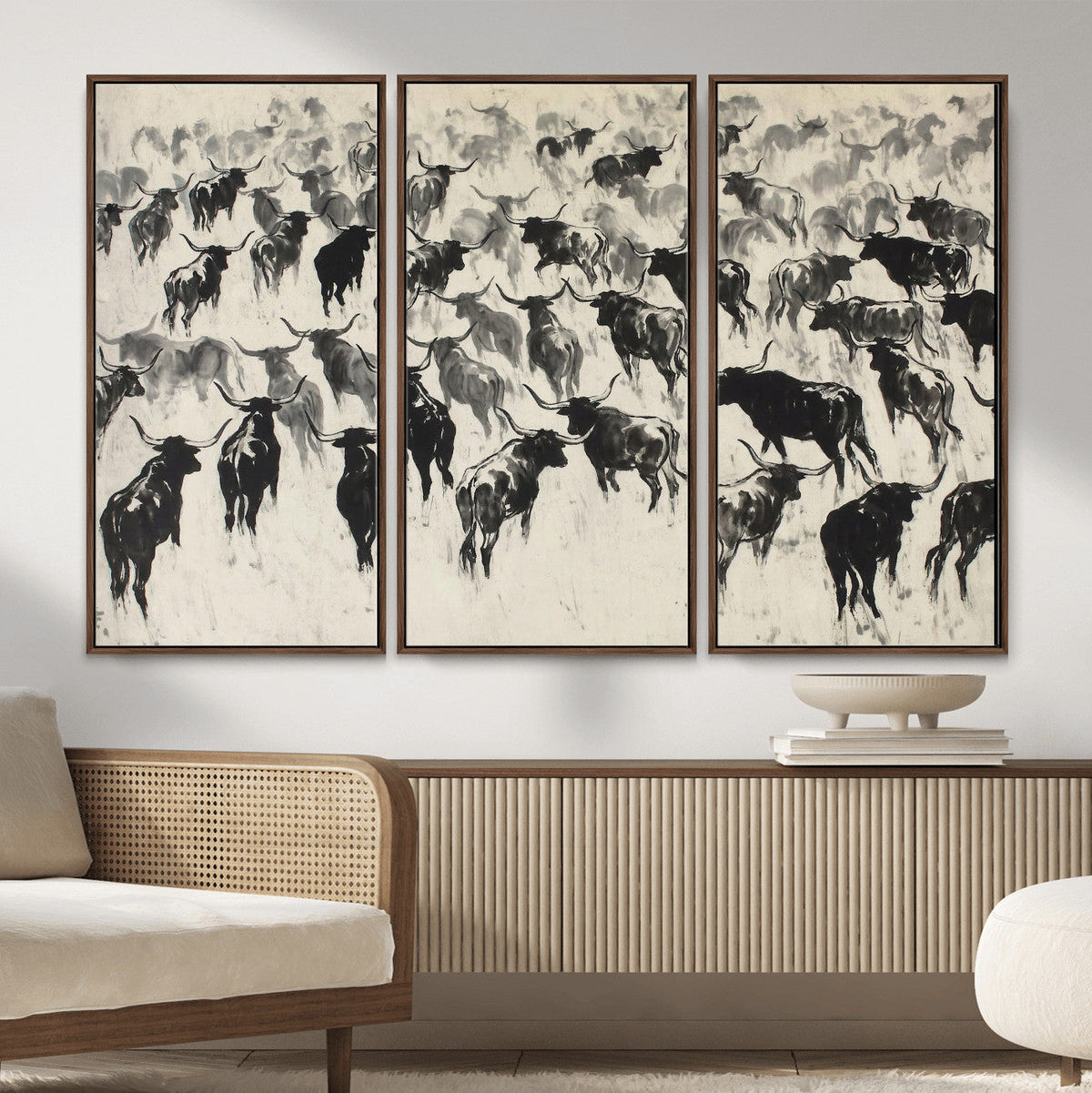 Longhorn Cattle Canvas Wall Art, Black White Stampede Ink