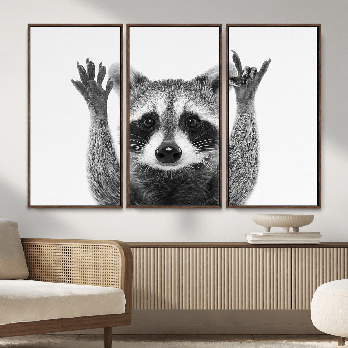 Funny Raccoon Canvas Wall Art, Black White Hands Up Animal Photo Print