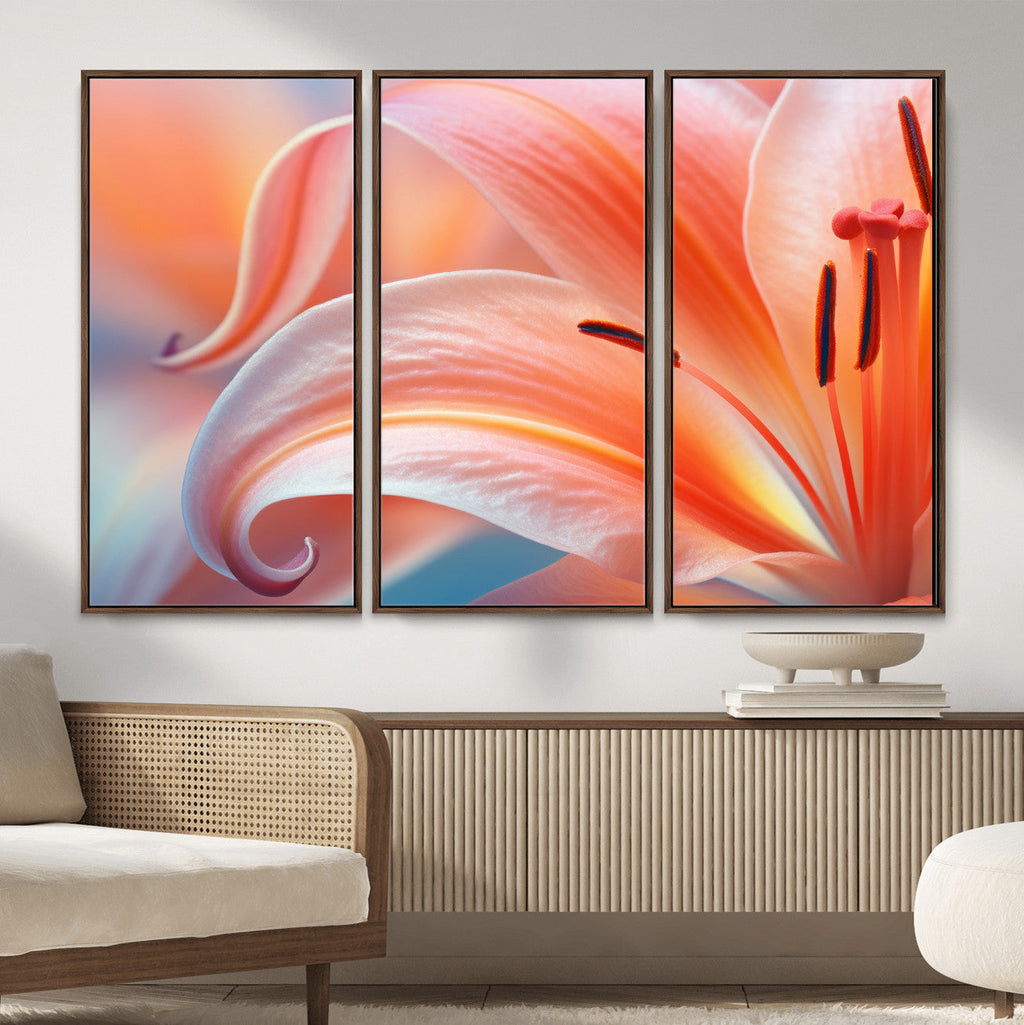 Peach Lily Canvas Wall Art, Coral Pink Flower Macro Photo Print, Botanical Decor