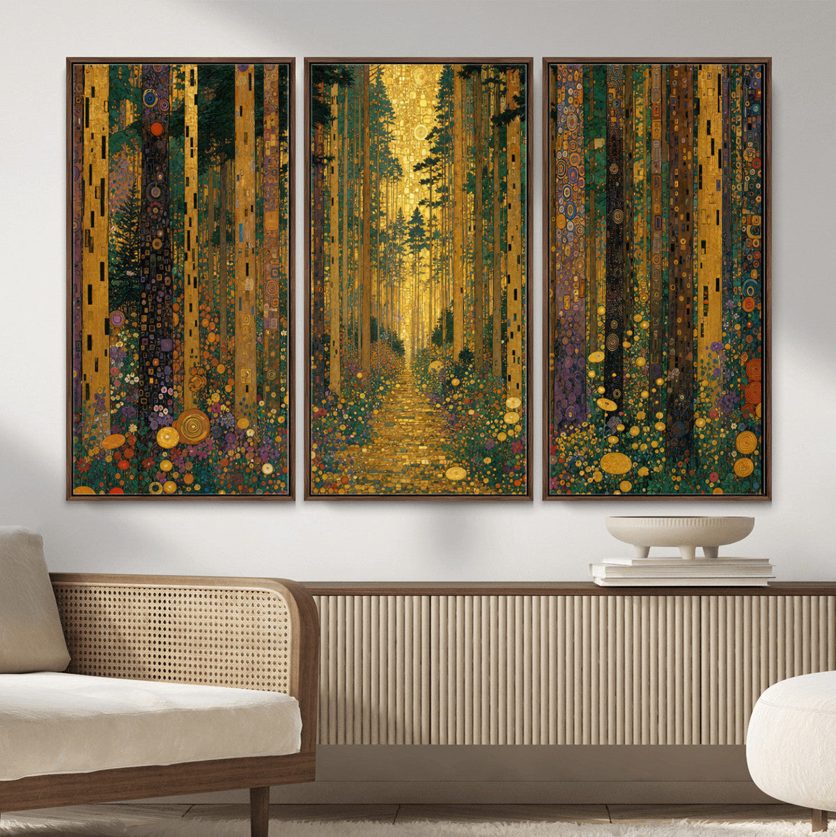 Gustav Klimt Style Forest Canvas Wall Art, Golden Forest Path Floral Art Nouveau Print