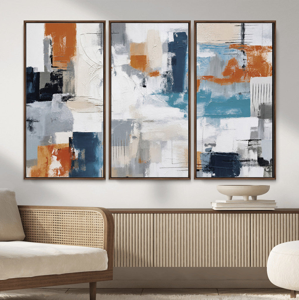 Blue Teal Abstract Canvas Wall Art, Modern Brushstroke Style Print, Navy Orange Contemporary Decor