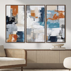 Blue Teal Abstract Canvas Wall Art, Modern Brushstroke Style Print, Navy Orange Contemporary Decor