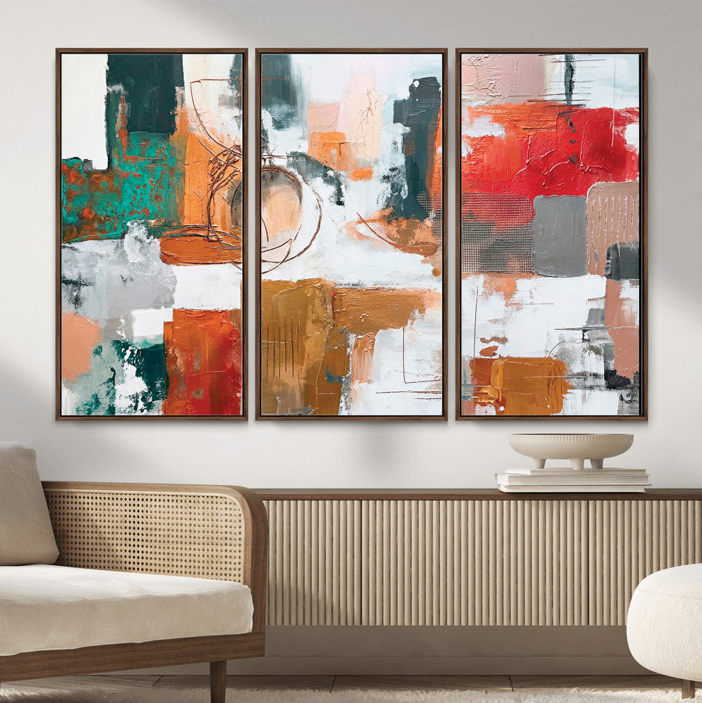 Blue Teal Abstract Canvas Wall Art, Modern Brushstroke Style Print, Navy Orange Contemporary Decor
