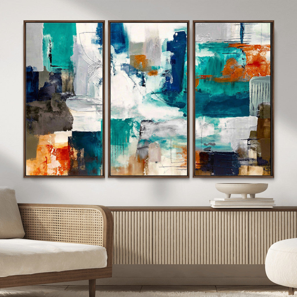 Blue Teal Abstract Canvas Wall Art, Modern Brushstroke Style Print, Navy Orange Contemporary Decor