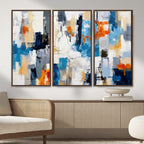 Blue Teal Abstract Canvas Wall Art, Modern Brushstroke Style Painting Print, Navy Orange Contemporary Decor