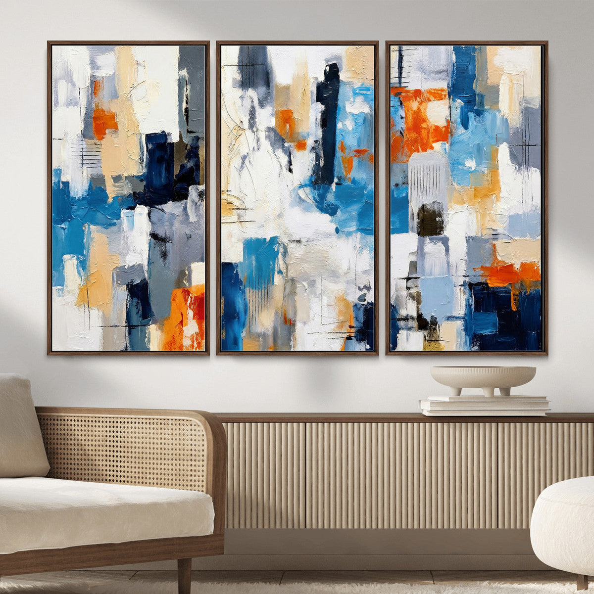 Blue Teal Abstract Canvas Wall Art, Modern Brushstroke Style Painting Print, Navy Orange Contemporary Decor