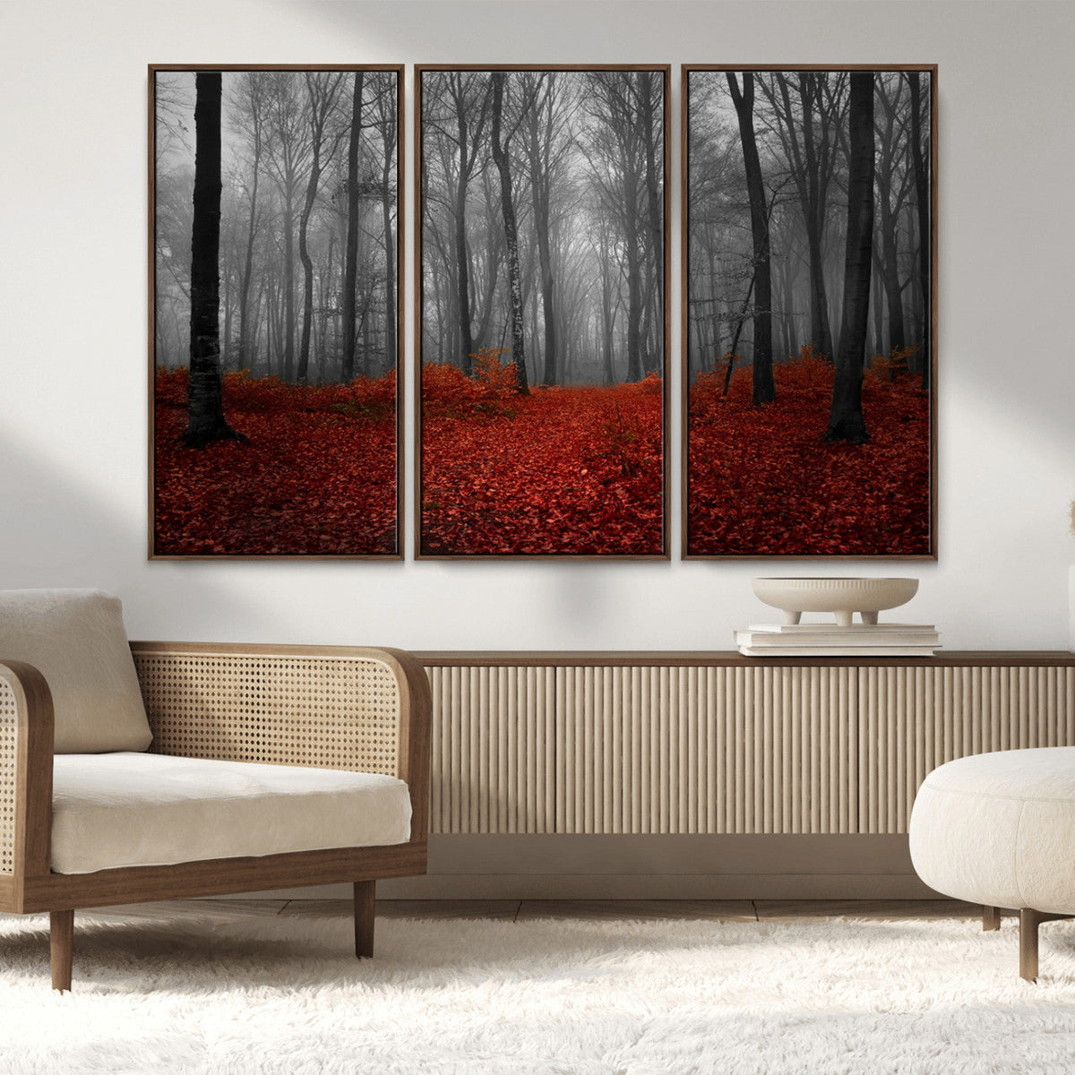 Red Forest Floor Canvas Wall Art | Mystical Foggy Woodland Triptych