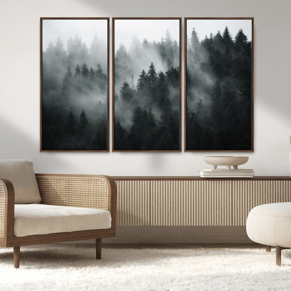 Foggy Forest Wall Art Canvas Print | 3 Panel Large Misty Landscape