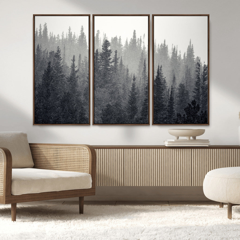 Misty Forest Canvas Wall Art | Monochrome Triptych Pine Tree Print