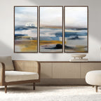 Abstract Landscape Wall Art Canvas | 3 Panel Modern Blue, Gold and White Canvas Art