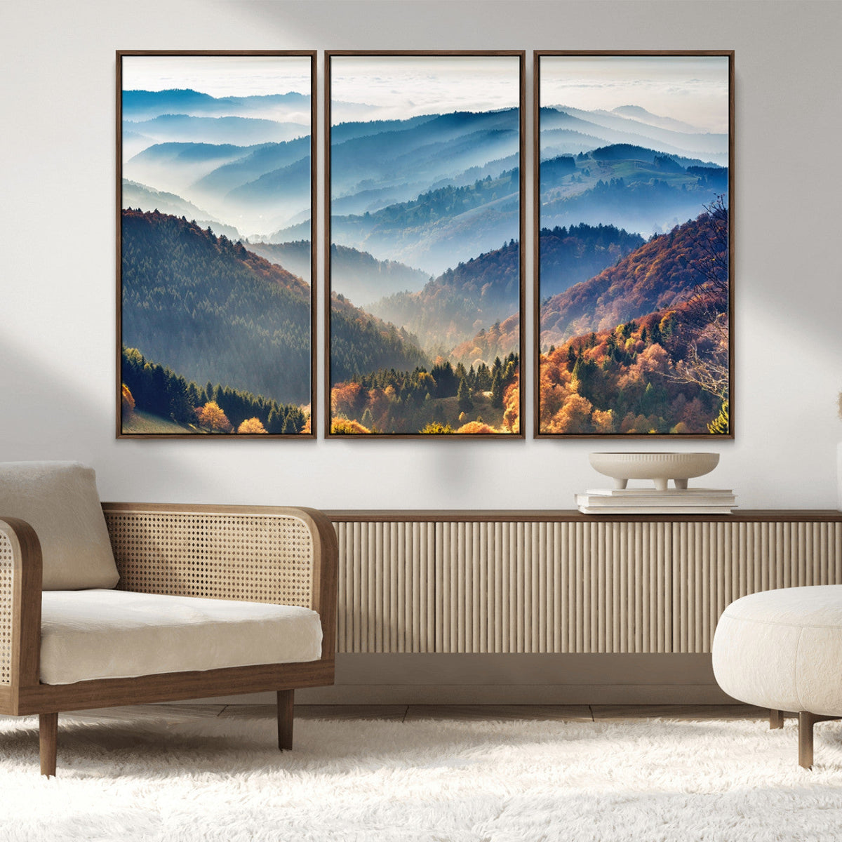 Misty Mountain Sunrise Triptych Canvas Print | Autumn Landscape Wall Art