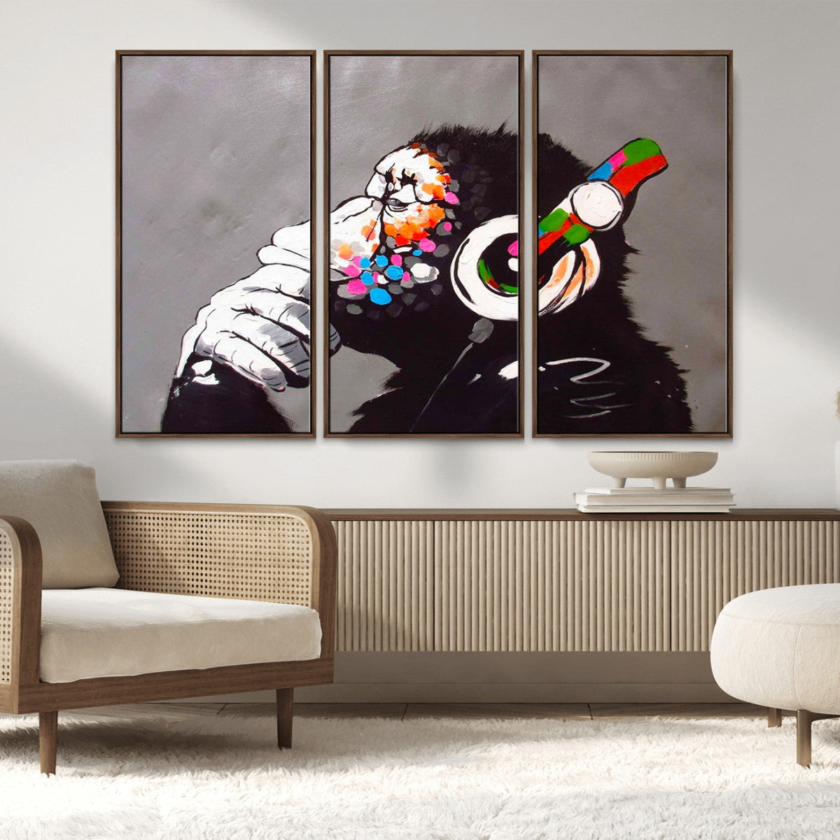 DJ Monkey Listening to Music Wall Art Print | Banksy Monkey Large Canvas Print