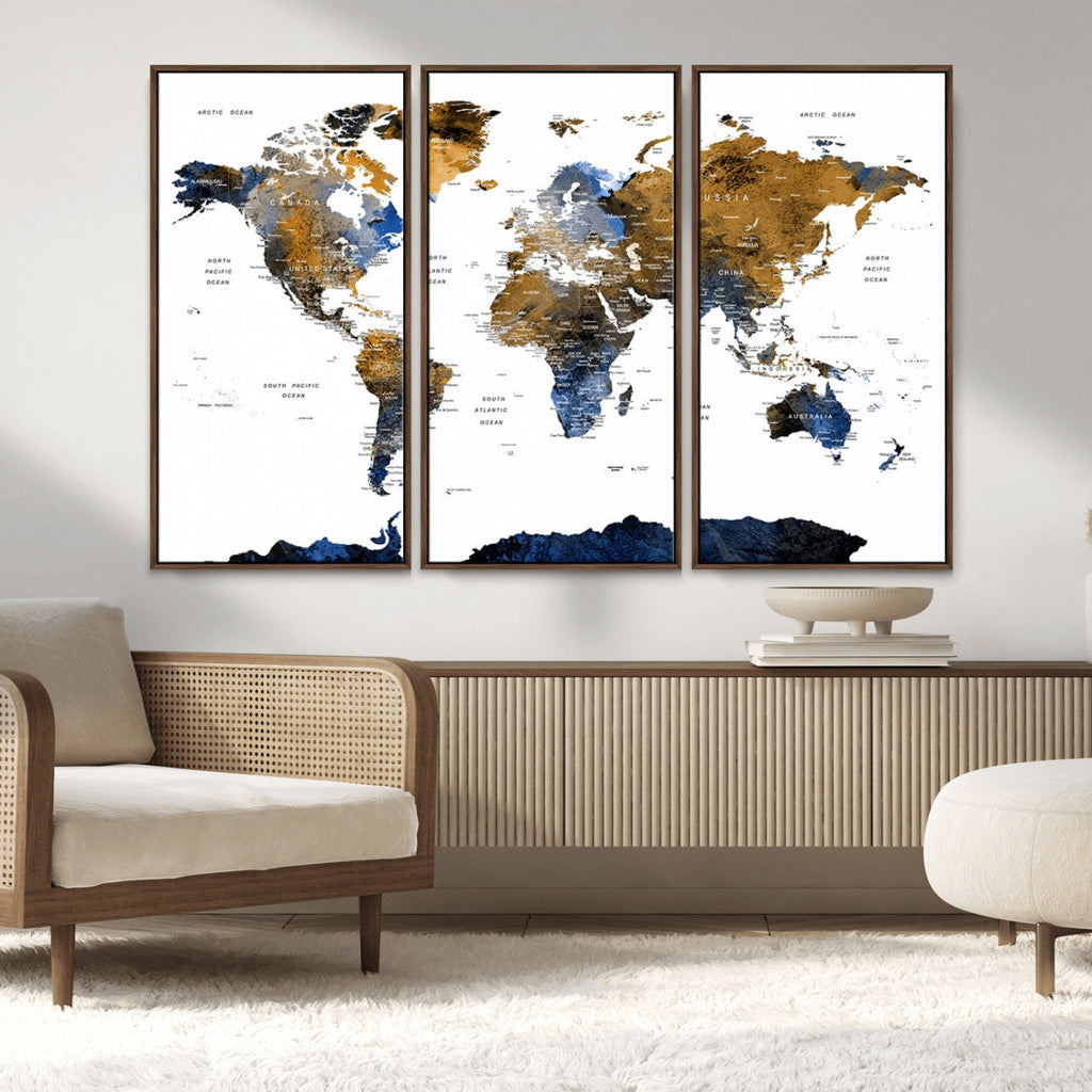 Modern Abstract World Map Canvas Wall Art | Framed Blue and Gold Map Print