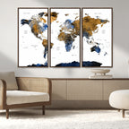 Modern Abstract World Map Canvas Wall Art | Framed Blue and Gold Map Print